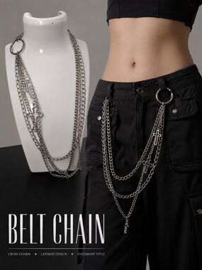 Silver Layered Cross Belt Chain Necklace Women Jewelry